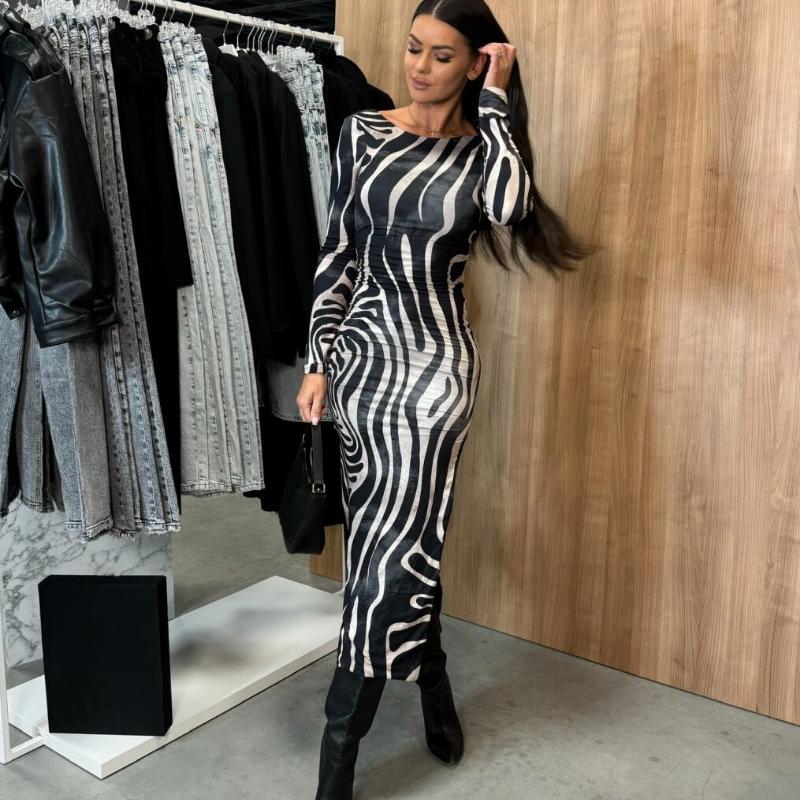 Autumn New Long Sleeve Zebra Print Split Sexy Dress Women Round Neck Slim Fit Vintage Party Club Casual Dresses Women Elegant High Waist Dress 25240