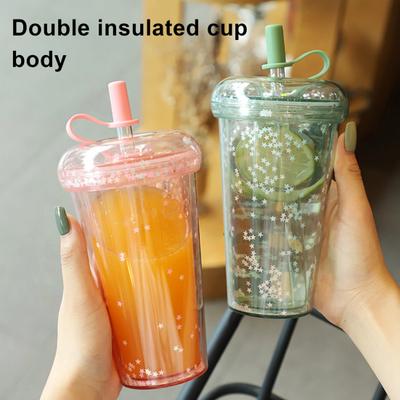 Leak-proof Iced Coffee Cup Reusable Straight Pipette Cup with Built-in Straws Double Wall Insulated Iced Coffee Tumbler Cartoon Drinking Cup