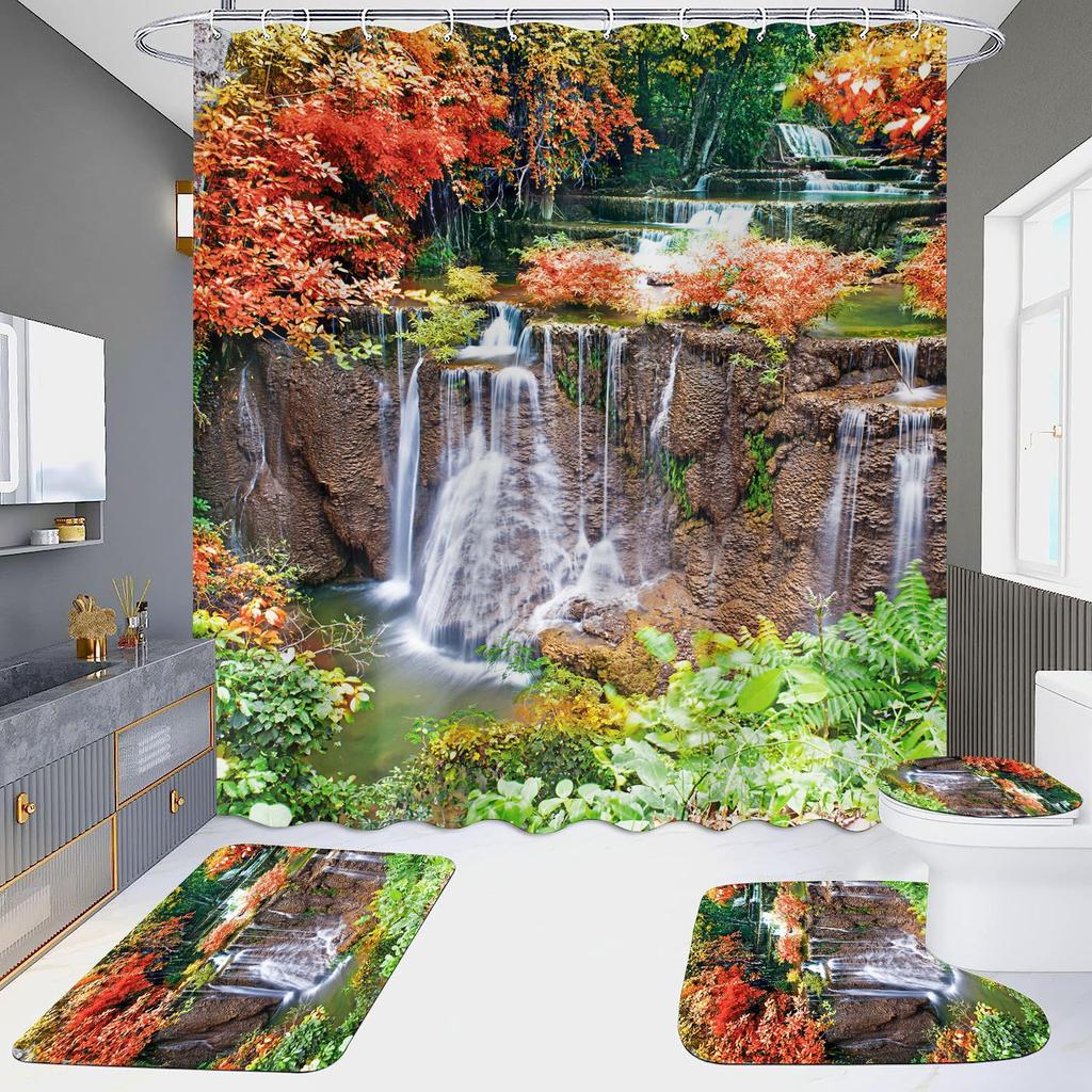 High Definition Digital Printing Shower Curtain Four-Piece Set Of Non-Punching Bathroom Bathroom Bathroom Partition Curtain Landscape