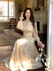 Coffee break French floral chiffon dress women's long models early and early autumn new models super good-looking waist long dress
