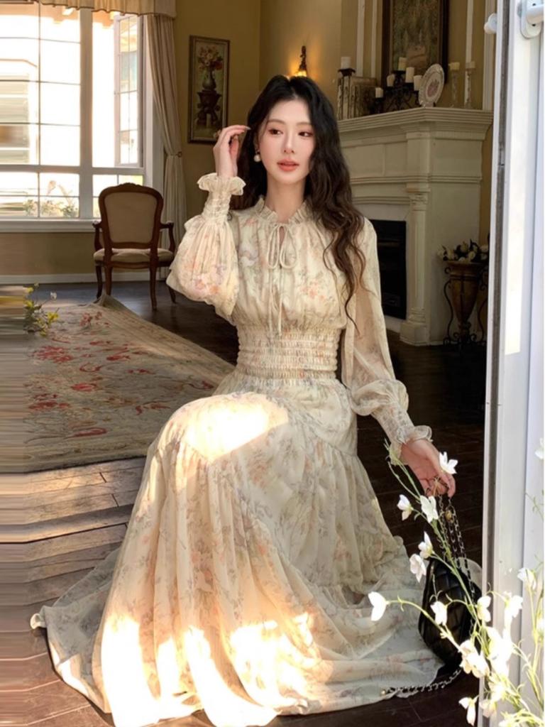 Coffee break French floral chiffon dress women's long models early and early autumn new models super good-looking waist long dress