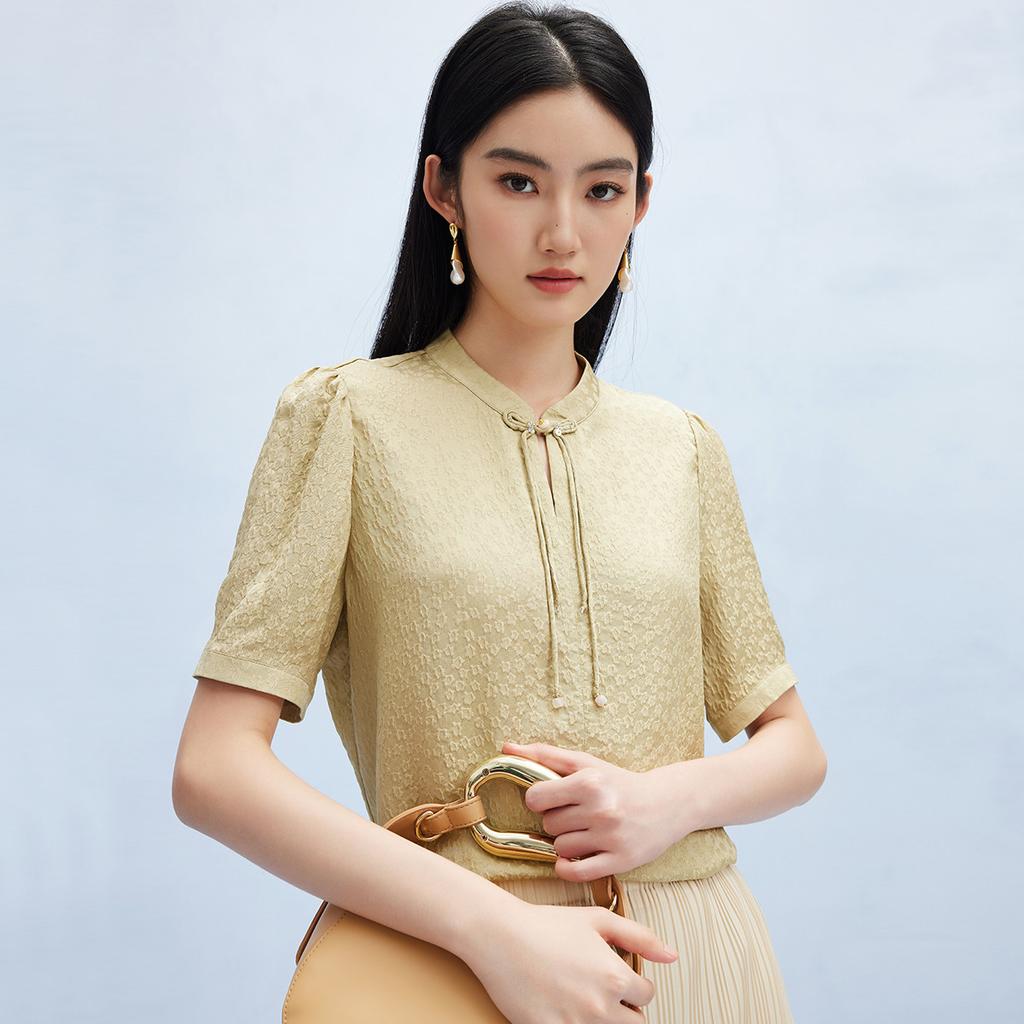 100% Mulberry Silk] Summer Stand Up Collar, Buckle, Tassel, Elegant and Casual Silk Top T-shirt for Women