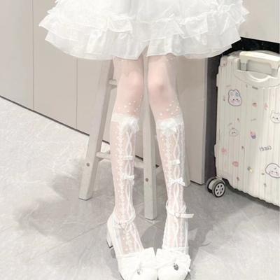 Calcetines Blancos Altos hasta el Muslo para Mujer Lolita Lazo Cruzado Varilla de Fibra de Vidrio Corbata Hasta la Rodilla Calcetines Largos Chica Calcetín Transparente Ultra Fino