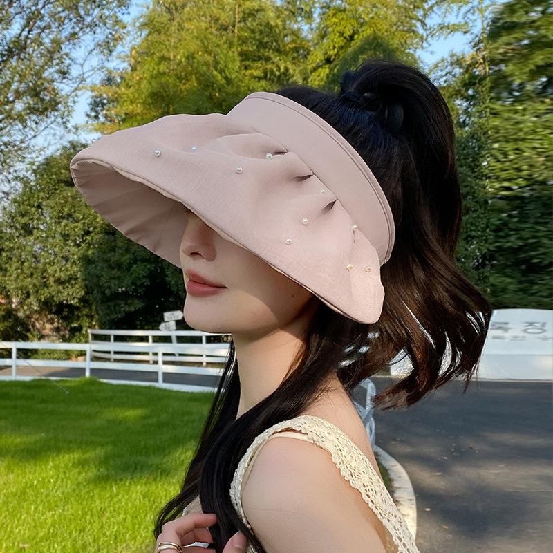 Floral Pearl Large Eave Hollow Top Shell Hat for Women's Summer Sun Protection and Hair Band Sun Hat