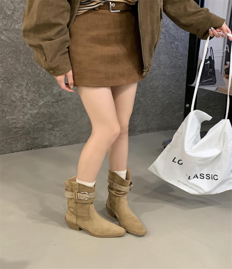 

Винтажные плиссированные ботинки-пиле American Lazy Женские 2025 Осень Новые Остроносые Ботинки в стиле вестерн-ковбойские Средние Рыцарские Ботинки 39 хаки