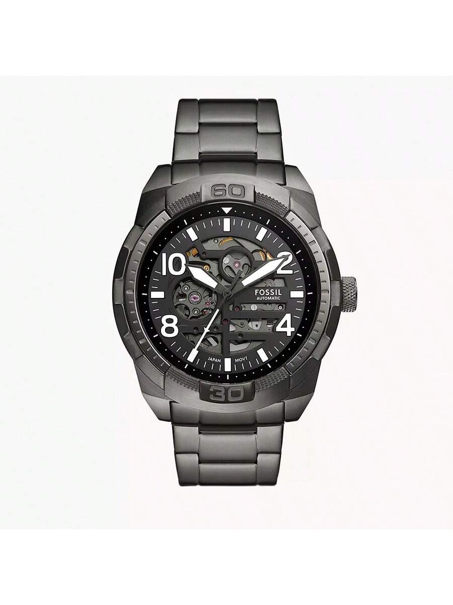 Fossil Men's Gray Bronson Automatic Stainless Steel Watch, Hollowed Out Black Dial, Stainless Steel Strap, Fashionable Business Style Me3255