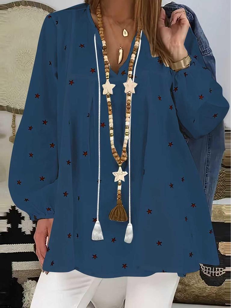 2025 Autumn V-neck Star Print Drawstring Comfortable Casual Loose Batwing Sleeve Pullover
