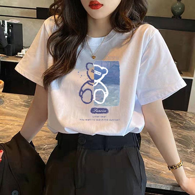 Women Cute Pink Bear Graphic T Shirt Casual Cotton O Neck Short Sleeve Loose Summer Tee Daily Basic Tops