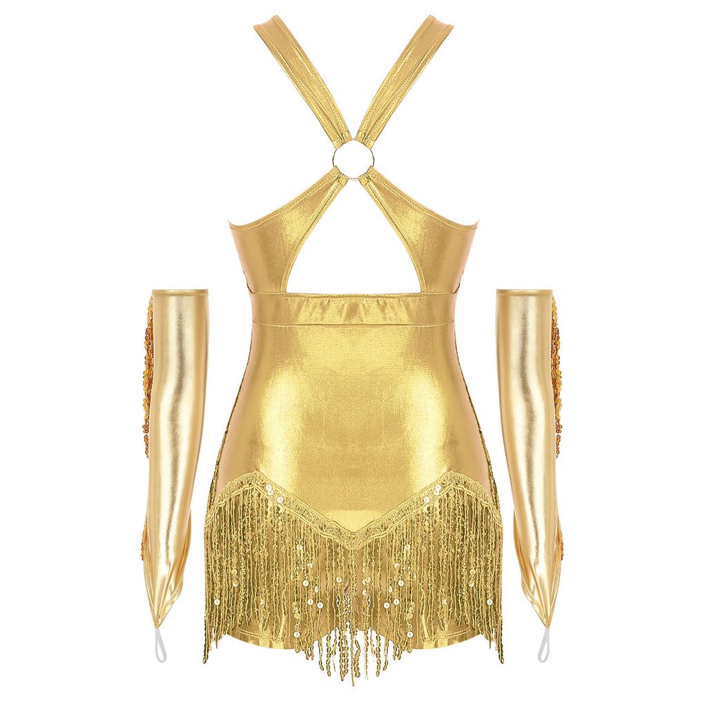 Dámský třpytivý kostým na tanec cha-cha s křížením vpředu, flitrovaným leotardem s třásněmi a metalickými rukavicemi, vystoupení