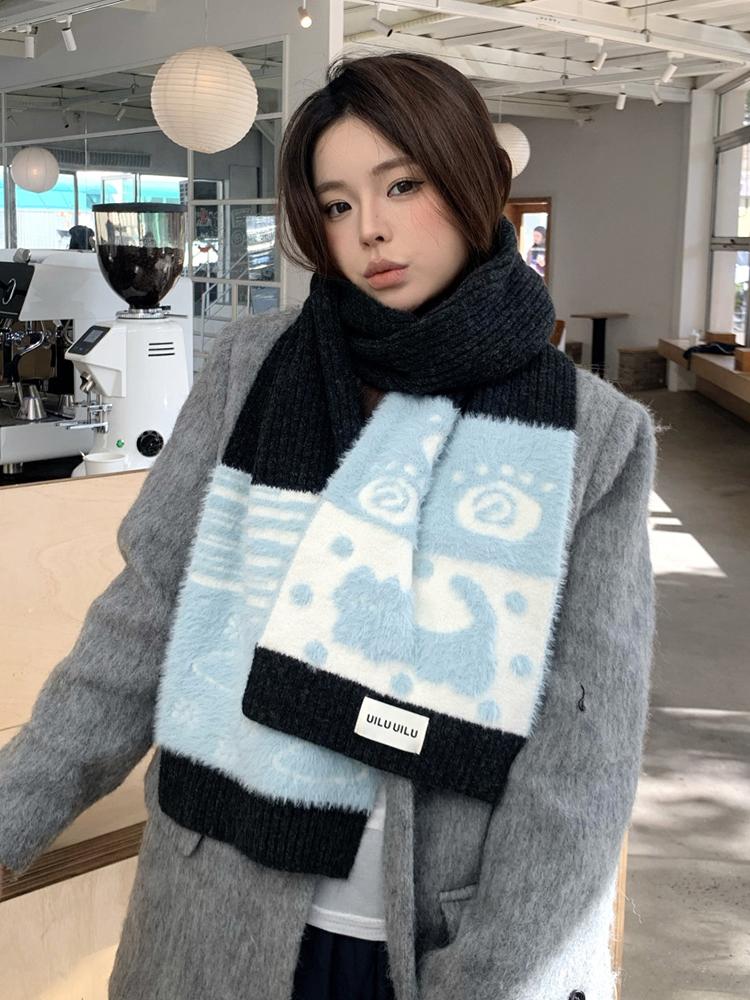 Winter Cute Knitted Women Scarf Headscarf Ladies Casual Animal Dog Print Warm Soft Scarve Mujer Foulard Wrap Shawl Korean New