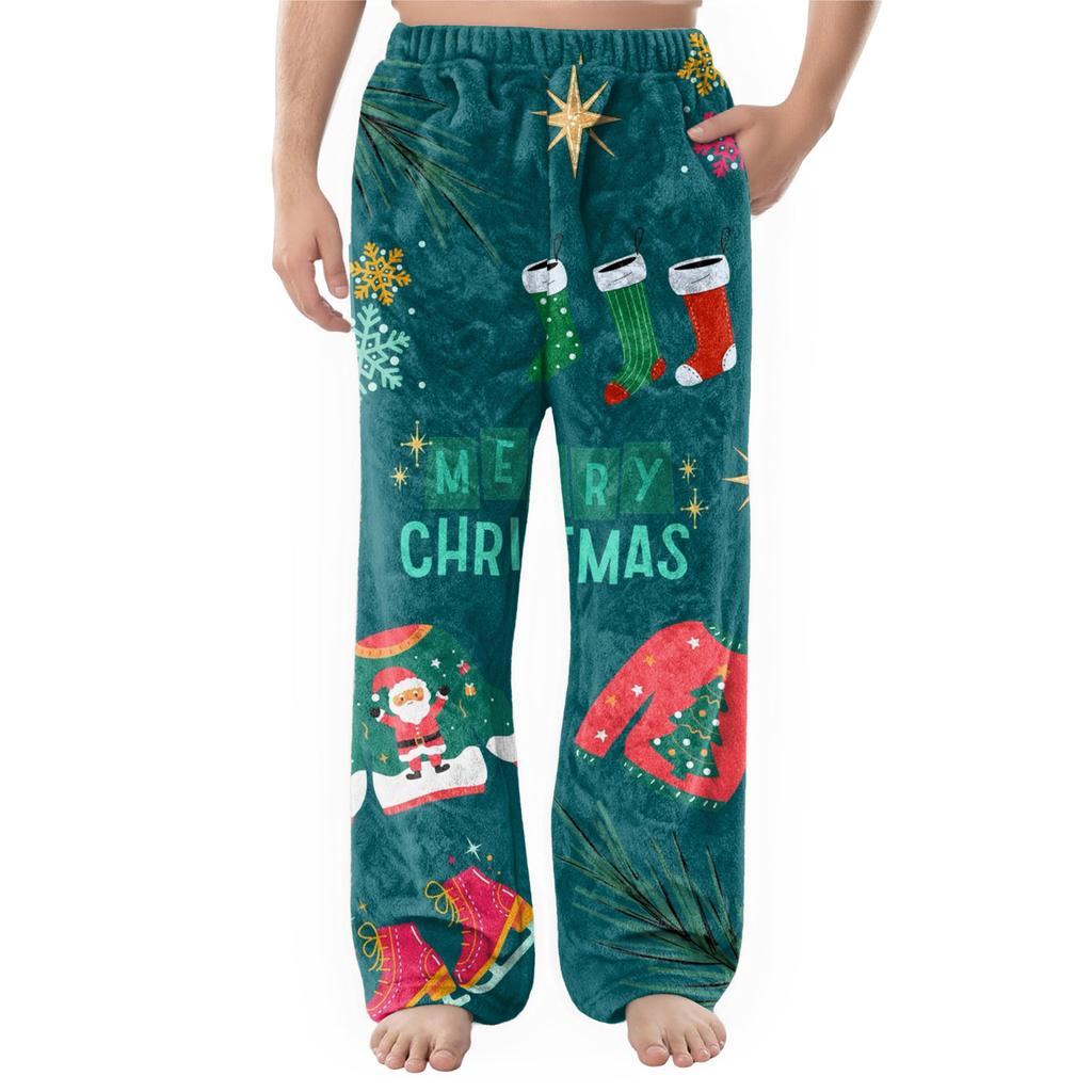 Men's Flannel Pocket Casual Pants, Printed Pocket Casual Pants, Home Sleeping Pants