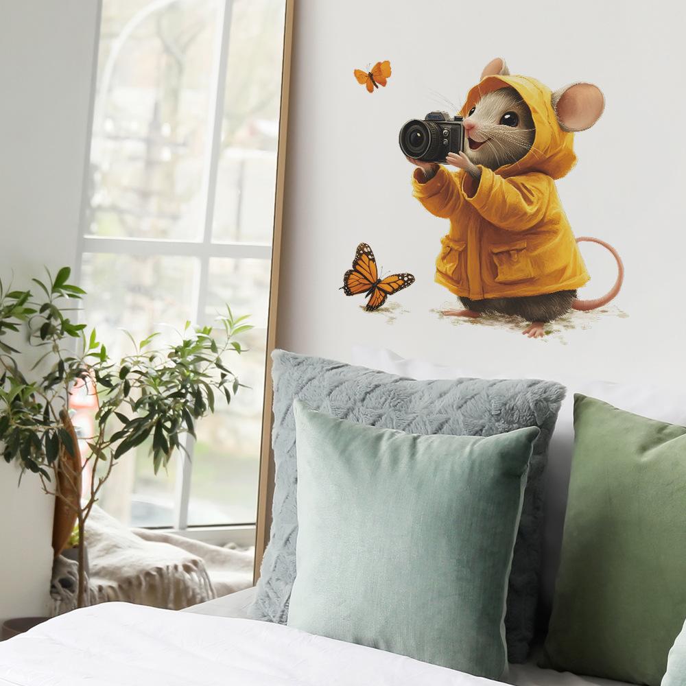 Cartoon Kamera Maus und Schmetterlinge Wandaufkleber für Schlafzimmer Wohnzimmer Eingangsbereich Abnehmbar Selbstklebend Heimdekoration