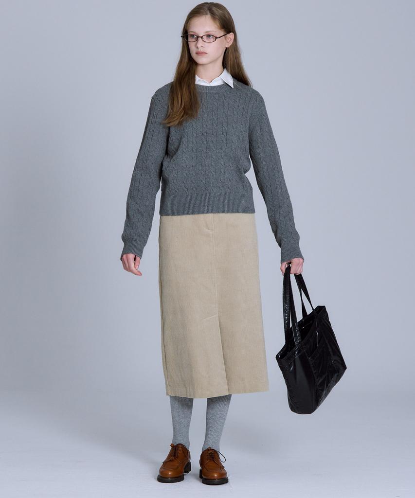BASIC HOUSE Women'S Cable Round Neck Crop Knit Grey Lykt7201