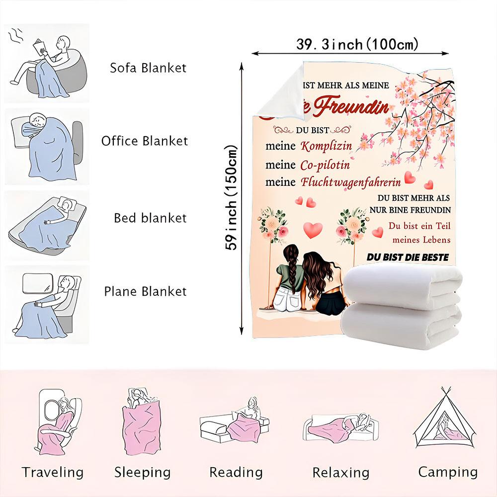 Friendship Blanket - Light peach background with German greeting 'DU BIST MEHR ALS MEINE Beste Freundin' and illustrations of tw
