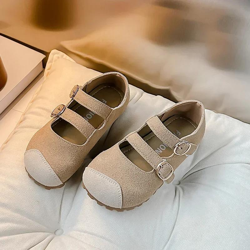 Kids Flat Shoes Spring Autumn Retro Patchwork Girls Leather Shoes 2025 New Non-slip Children's Causal Shoes Round-toe Hook Loop