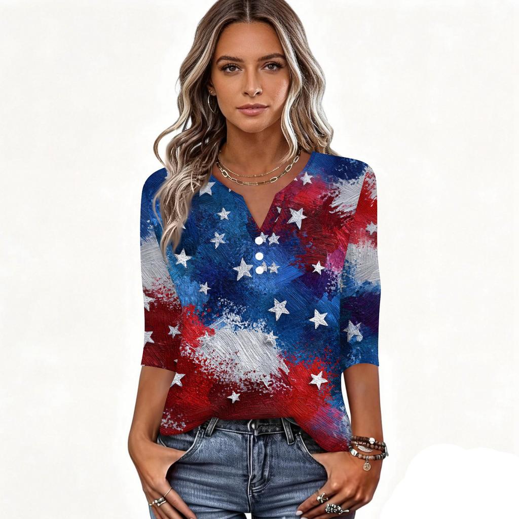Women's T Shirt Independence Day Print Button 3/4 Sleeve Daily Weekend Fashion Basic V- Neck Regular Top
