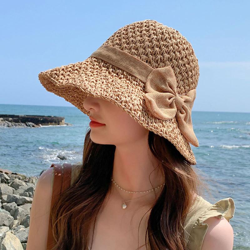 Straw Womens Versatile Hat Wide Brim For Sun Protection With Elegant Knot Bow