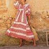 European American Women Maxi Dress Geometric Puff Sleeve Street Style