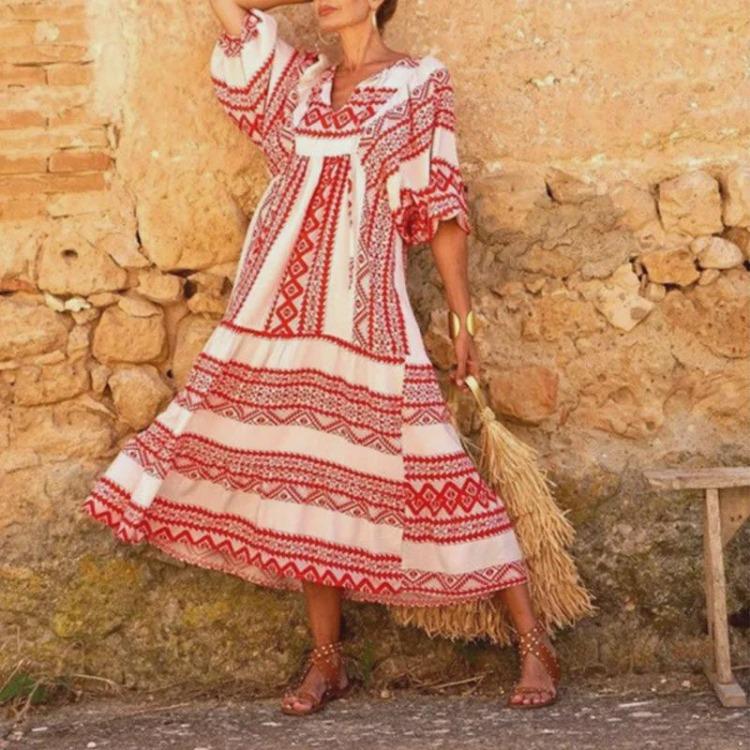 European American Women Maxi Dress Geometric Puff Sleeve Street Style