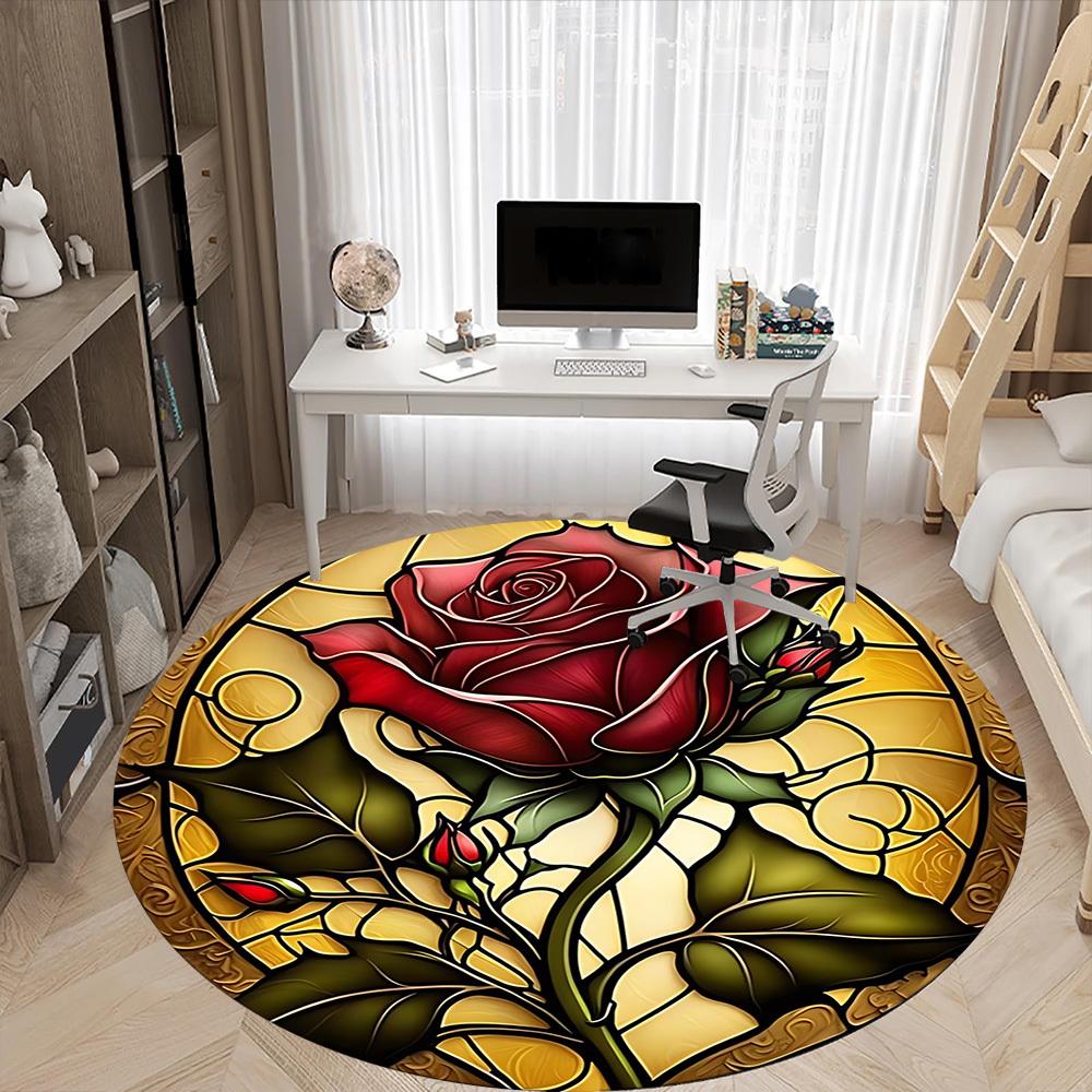 1pc Rose StainedGlass Office Round Area Rug, Under Office Chairs Bedroom Living Room Home Decor, Room Deco