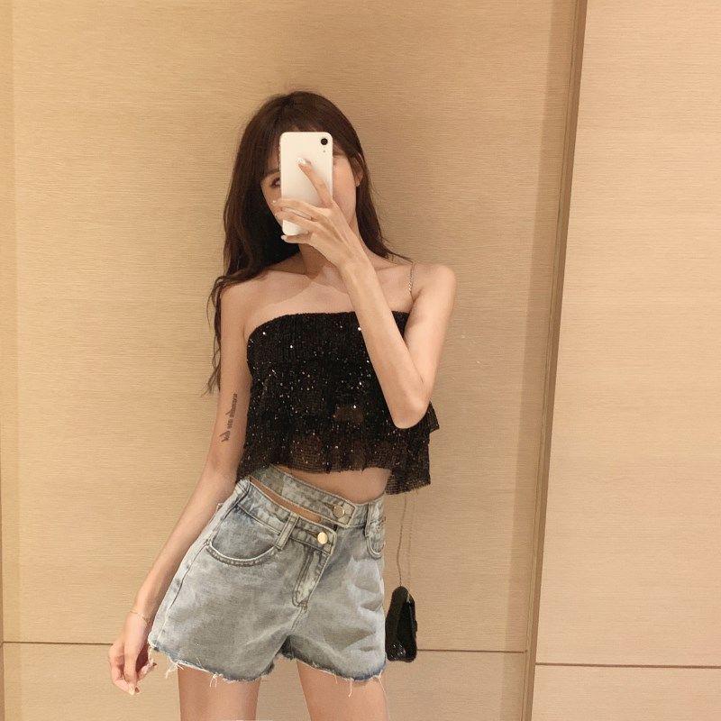 WTEMPO Irregular High Waist Denim Shorts Women Loose Thin Summer Fashion Star with The Same Wide-leg Pants