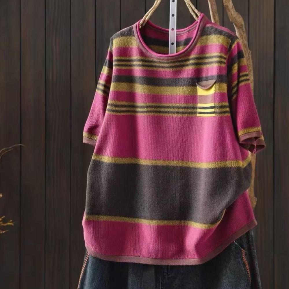 Johnature Women Vintage Striped T-Shirts Summer Chinese Style O-Neck Short Sleeve Knitted Female T-Shirts