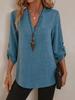 Solid Color Women Fashion Casual Long Sleeve Notch V-neck Shirt Woman