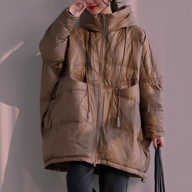 Womens Mid-Length Down Jacket Winter Warm Loose Fit Hooded Coat With Pockets White Duck 50% Fill Power