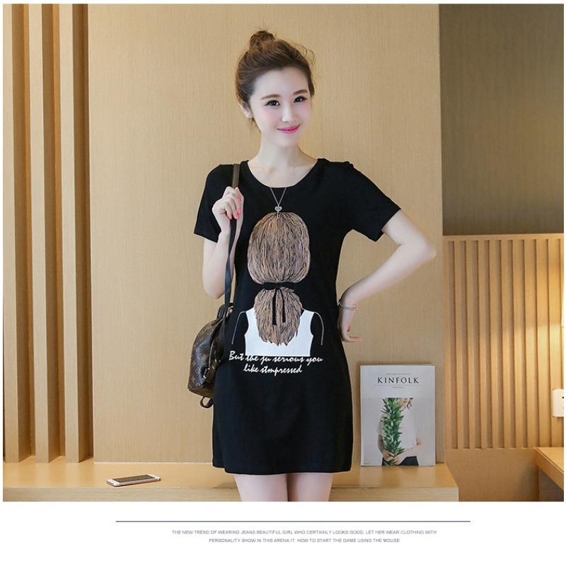New Summer Women's Korean Dress Printed Women's Mid-length Short-sleeved T-shirt Female Student Top Base