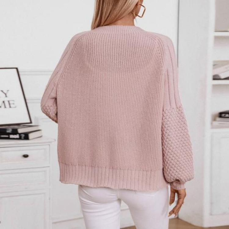 Loose Knitted Sweater Coat Women Solid Color V Neck Lantern Long Sleeve Cardigan Single Breasted