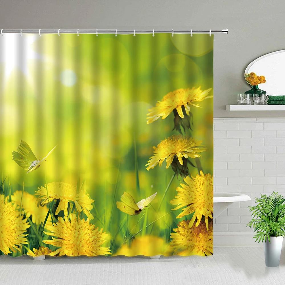 Pink Flower Plant Scenery Shower Curtains Rose Tulip Butterfly Spring Landscape 3d Printing Bathroom Waterproof Bath Curtain Set