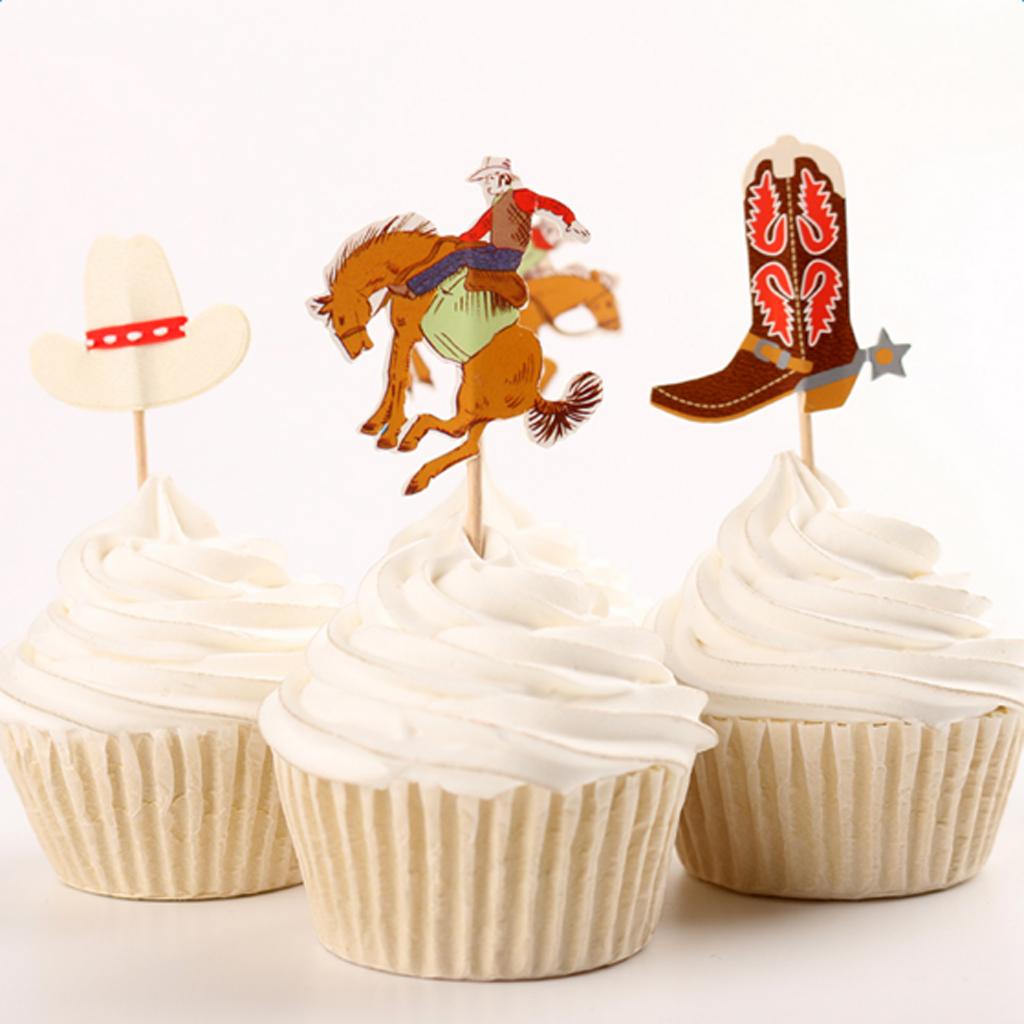 Cowboy Theme Cupcake Picks Cartoon Birthday Cake Topper Decorations Paper Wooden Ornaments for Kids Event