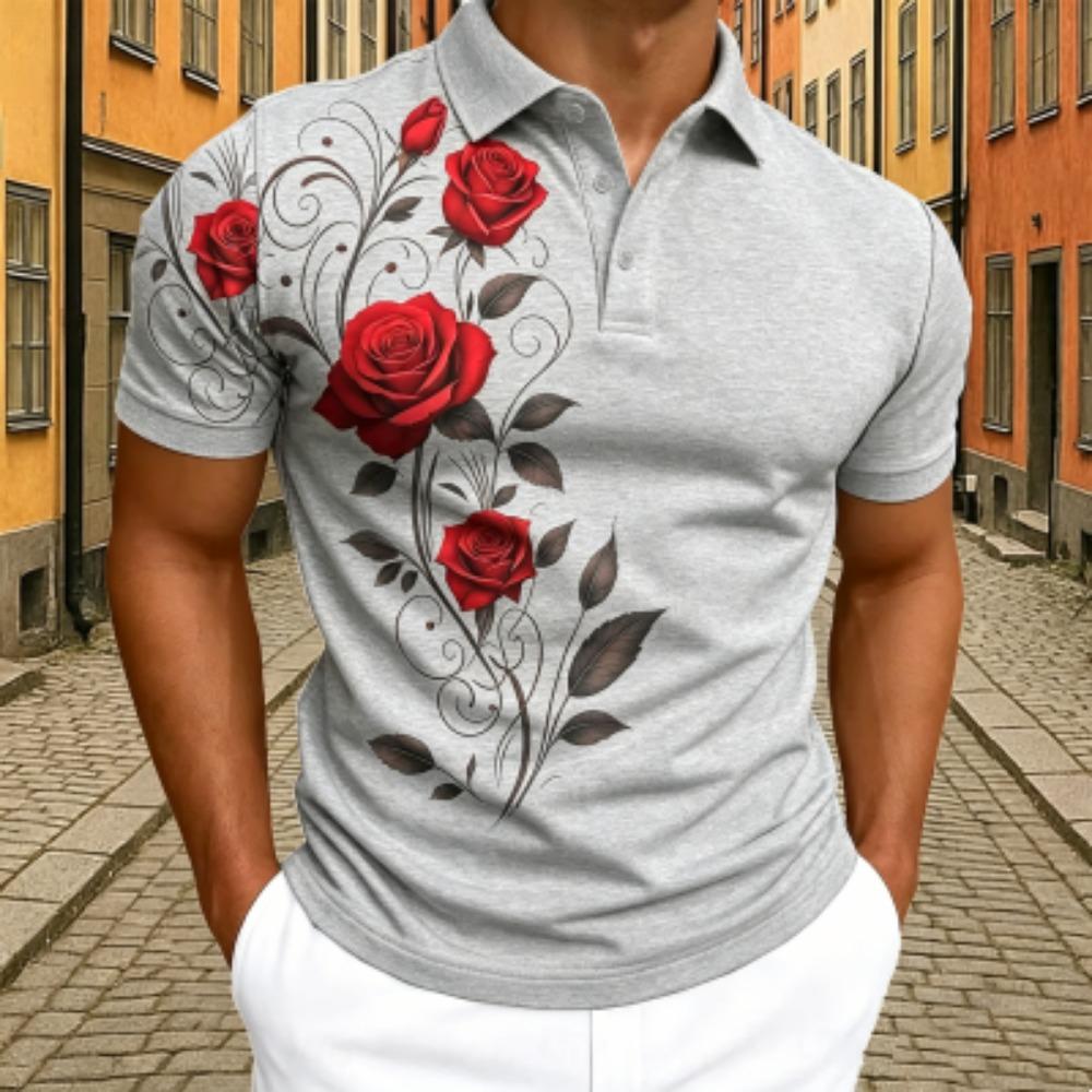 Elegantes Rotes Rosen-Blumenmuster Poloshirt Herren Outdoor Street Kurzarm T-Shirts Oberteil Sommer Zuhause Lässiges T-Shirt Herren und Damen Poloshirt