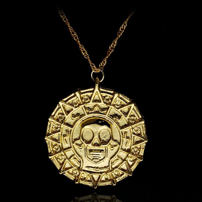 

Fashion Caribbean Necklace Jack Sparrow Aztec Coin Medallion Vintage Gold Bronze Silve Pendant