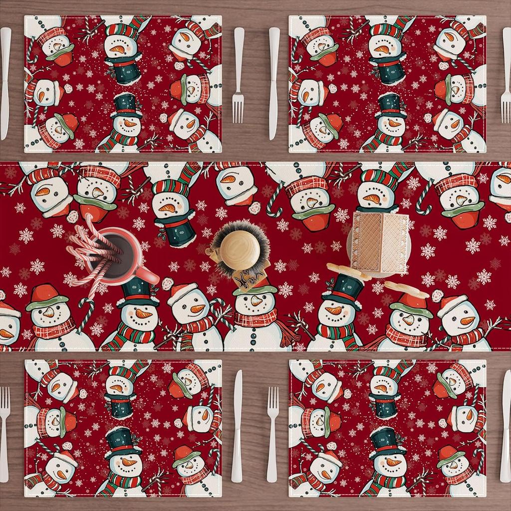 Red Winter Snowflakes Snowman Christmas Xmas Placemats Set of 4 Table Mats for Party Home Kitchen Dining Table Decorations 12x18 Inch