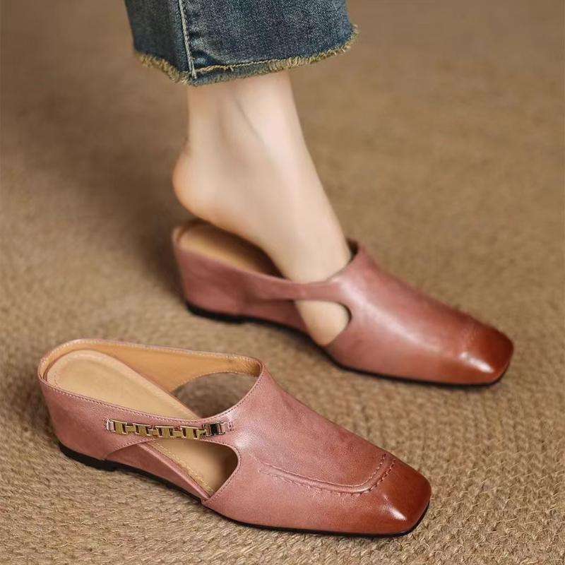 Fashion 2025 New Retro Style Baotou Women's Sandals Half Slippers Square Toe Inside Heightening