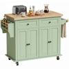 Rolling Kitchen Island Storage Trolley with Rubber Wood Top & Drawers for Dining Room, Light Green
