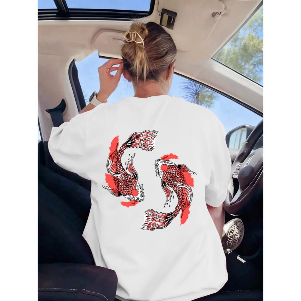 

Japanese Harajuku Soaring Koi Print T-Shirt Womens Sport Breathable Short Sleeve Casual O-Neck Streetwear Summer Top 3XL