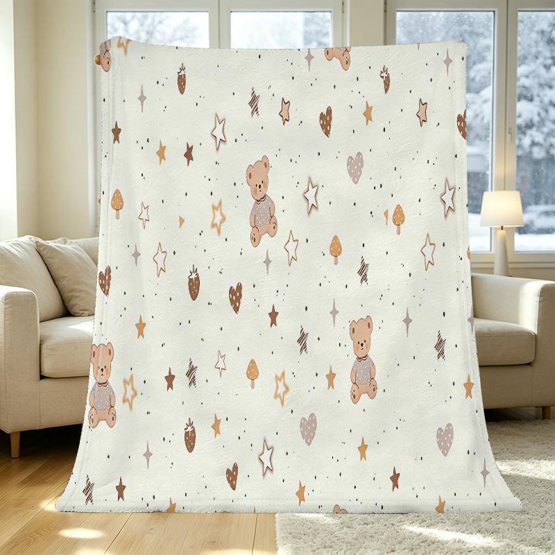 Cute Bear Design Soft Fleece Blanket - Cozy Bordered Plush Throw for Home Nap, Halloween & Christmas Warmth
