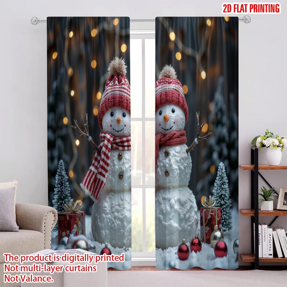 

Set Of 2 Flat Printing Christmas Curtain Winter Festival Snowman Polyester Without Electricity Family Party Use Holiday Curtains Made W100*H70(CM)-Hooks&1PCS