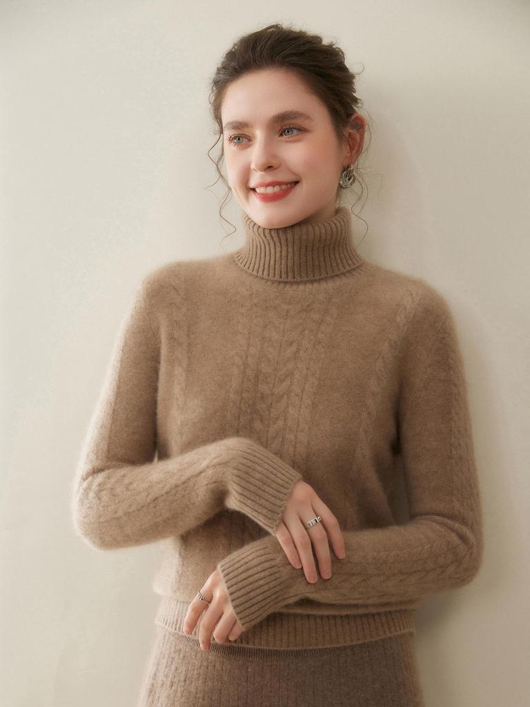 Women's High Neck Cashmere Jacquard Sweater - Autumn/Winter, Seven Gauge, Thick, Loose-Fit Knit, Versatile Base Layer.