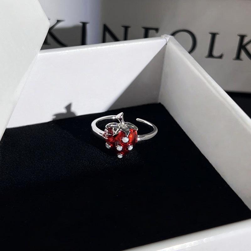 Super Sweet Apple Strawberry Fruit Enamel Open Ring Niche Design Cute Sweet‑Cool Adjustable Stack‑Wear Index‑Finger Trend Jewelry