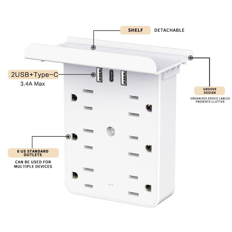 Multiple Smart Plug Multi-functional Power Strip With Panel,socket Wall Outlet Bathroom Outlet Extender, With 4 Usb And 6 Ac