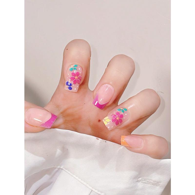 24 Stück Y2K-Stil Lange Quadratische Blumenmuster Falsche Nägel & 1 Stück Nagelfeile & 1 Blatt Klebeband Press-On Nägel Nagelzubehör