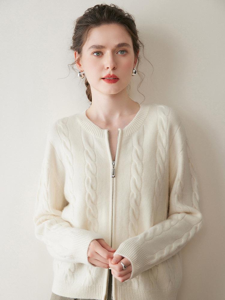 Women's Thick Cable Knit Cashmere Cardigan - Round Neck Zipper Sweater for Autumn/Winter