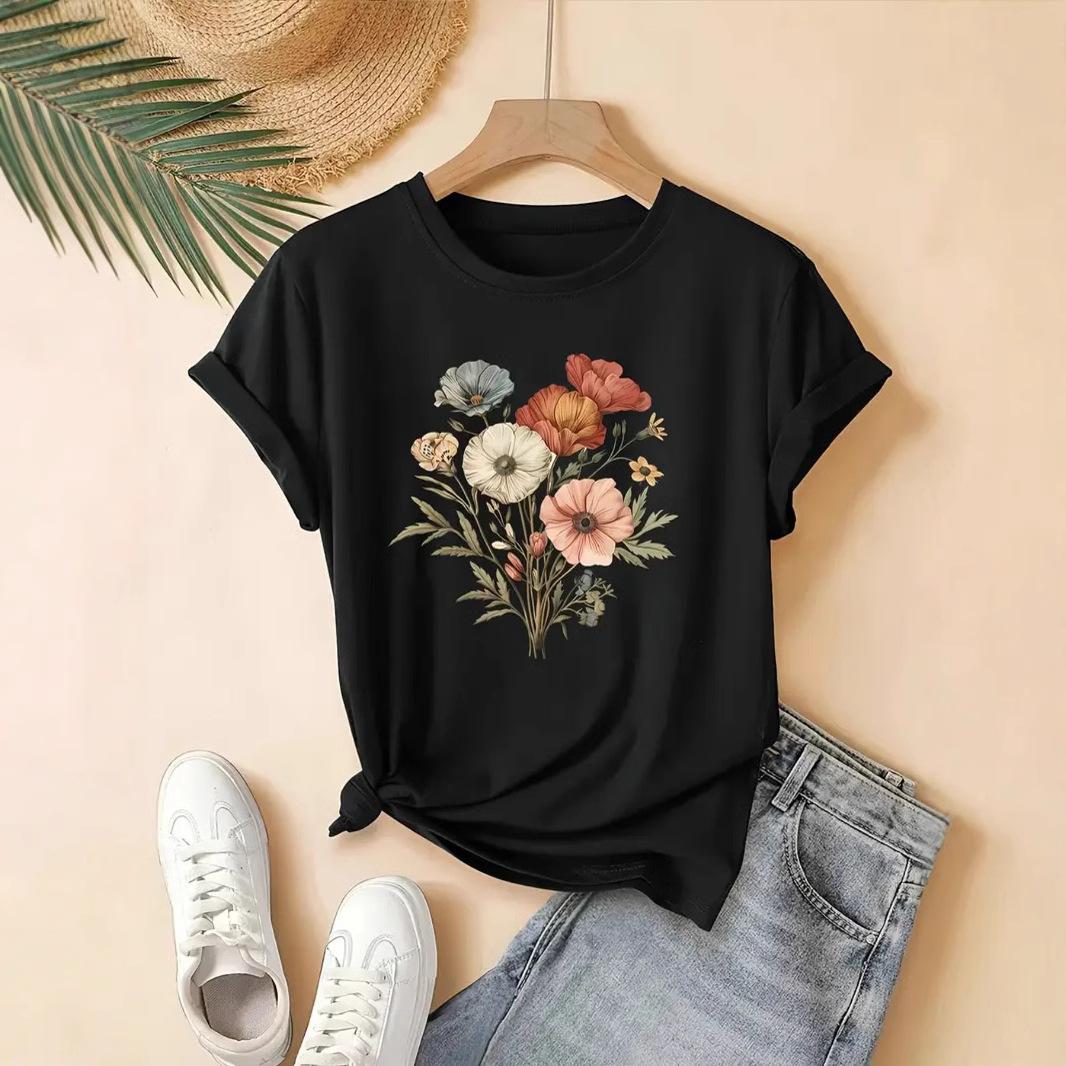 

Нові літні топи з принтом, круглим вирізом, вільна повсякденна футболка, жіноча модна елегантна жіноча футболка з коротким рукавом, проста тонка офісна жіноча футболка 26402 XL