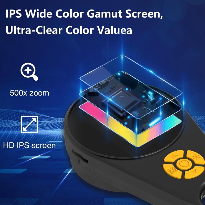 Handheld Digital Microscope 2MP Camera 500X Magnification 2Inch IPS Screen 8 Adjustable LED Light For Jewelry Stamps Inspection