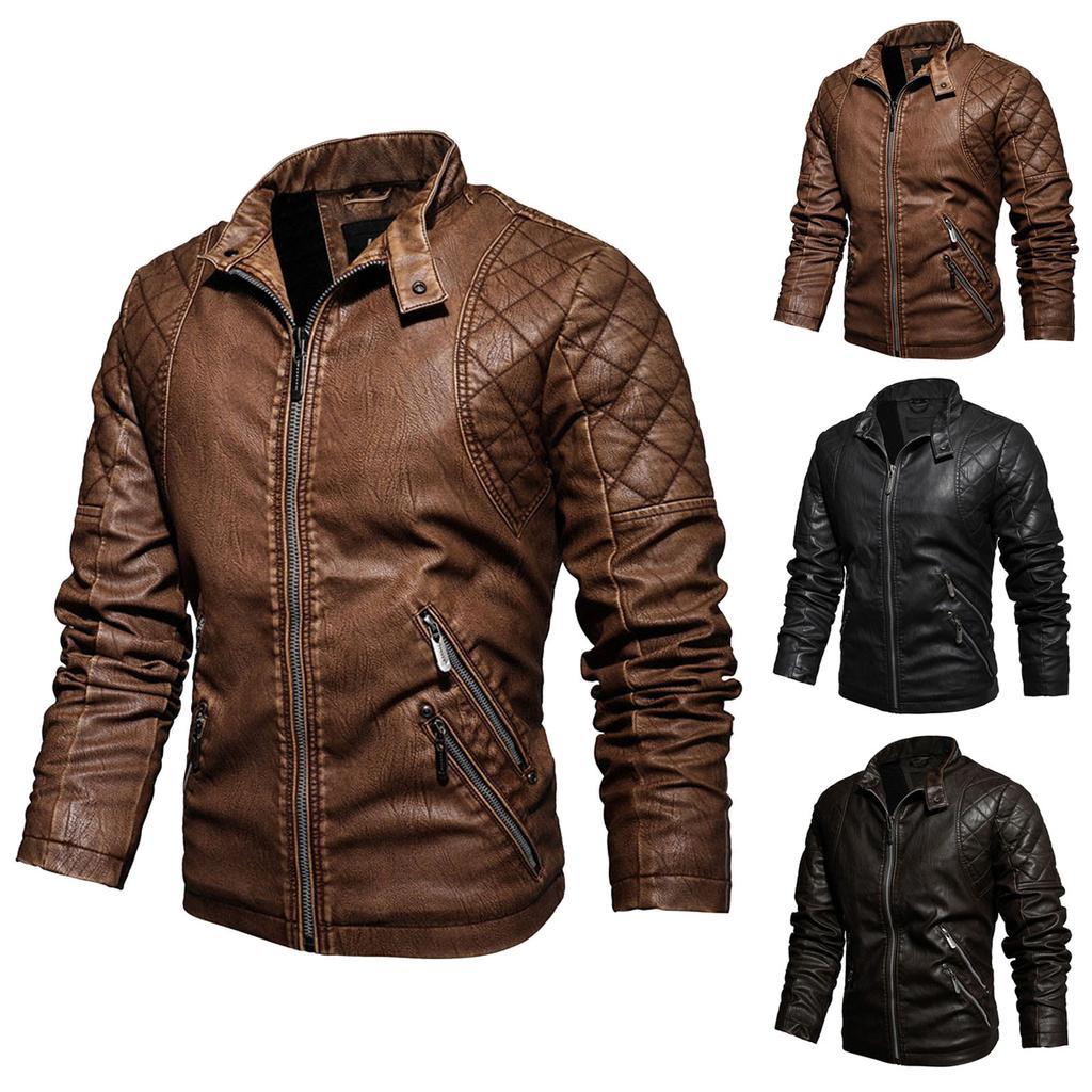 Men's Fashion Casual Solid Color Plus Velvet Lapel PU Leather Jacket