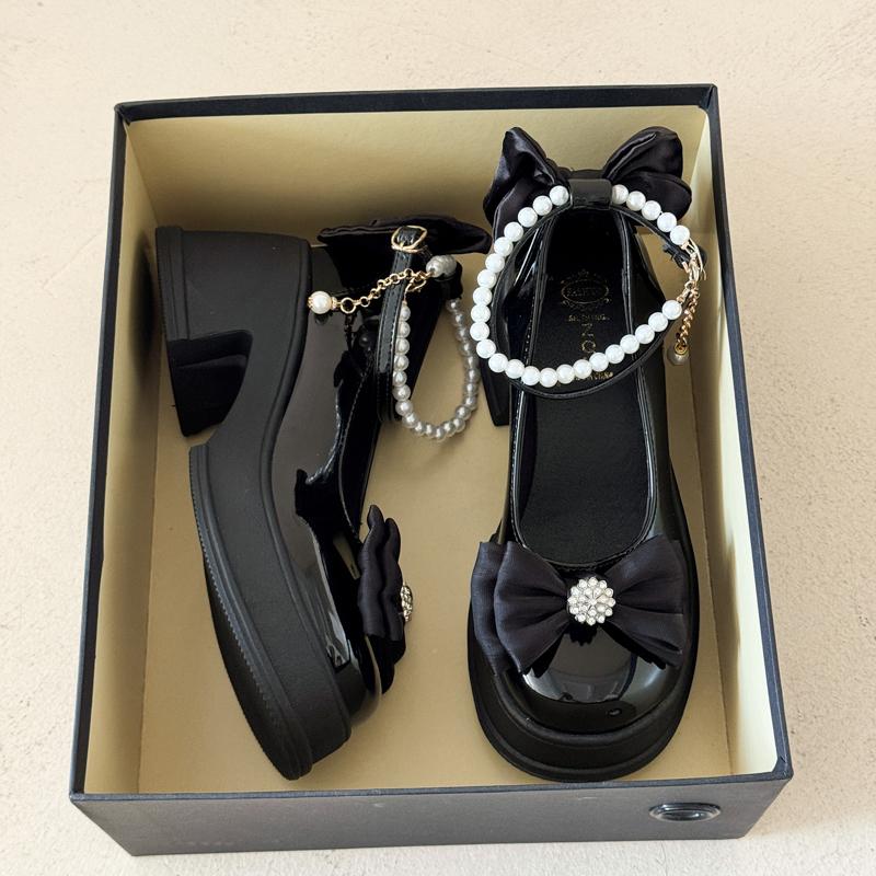 Bow Beaded Women High Heels Shoes Marie Janes Chunky Sandals Designer 2025 Summer Lolita Dress Party New Woman Pumps Zapatos