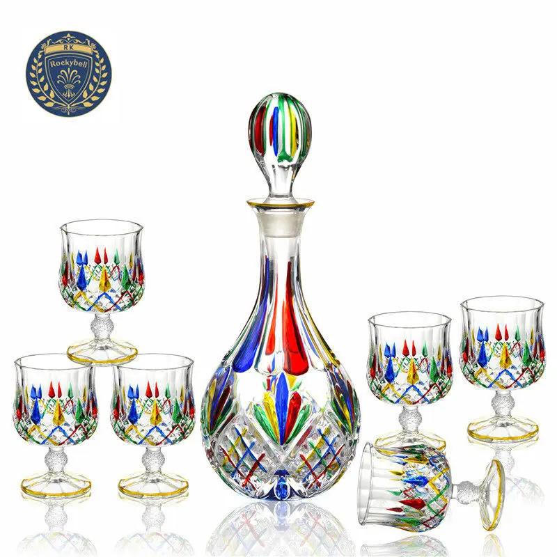 Bunte Kristallglasflasche und Tassen, Weinkaraffe, Whiskey, Likörgießer, Hausbar Wodka Bierflaschenglas, JR